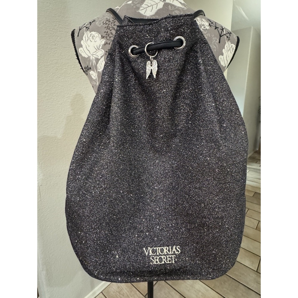 Victoria's Secret VS Drawstring Backpack Bag Black Glitter Limited Edition NEW - Picture 1 of 8